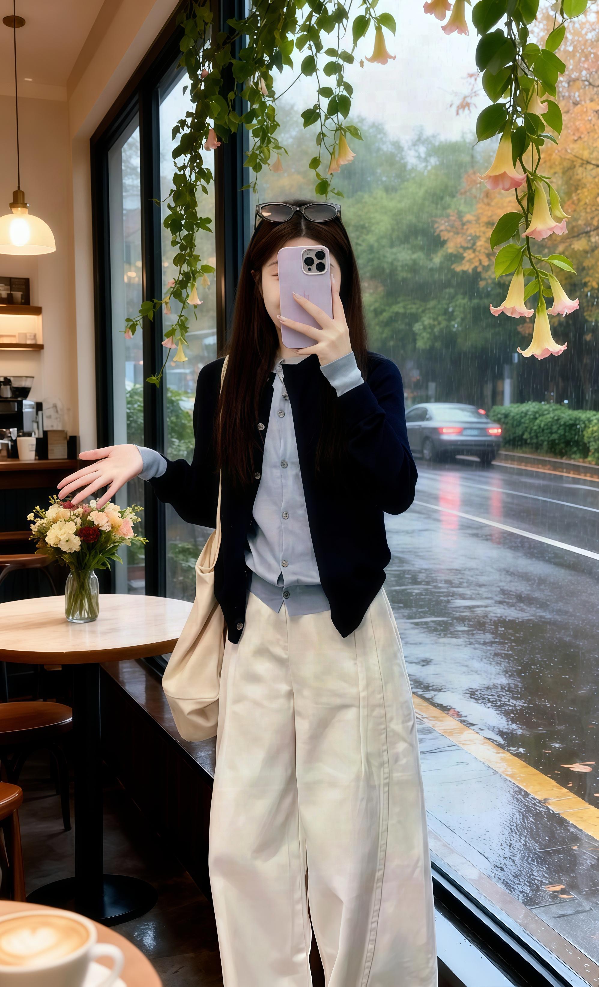 雨丝敲打着咖啡馆的玻璃窗,林薇靠着窗,指尖划过微凉的玻璃,看着街上车灯在雨幕里晕开暖黄的光。 桌上的咖啡还冒着热气,旁边花瓶里的花,花瓣上似沾着雨的湿润。她刚结束一场冗长的会议,此刻逃离到这里,心慢慢沉静。手机屏幕亮着,是刚拍的窗外雨景,她想分享给好友,又顿住,独享这片刻宁静也挺好。雨声、咖啡香,还有这被雨水洗涤过的世界,让她暂时忘了工作的疲惫,只愿沉浸在这温柔的rainy day里。#简约穿搭#通勤搭配 #慵懒风穿搭#小个子显高显瘦穿搭#韩系穿搭