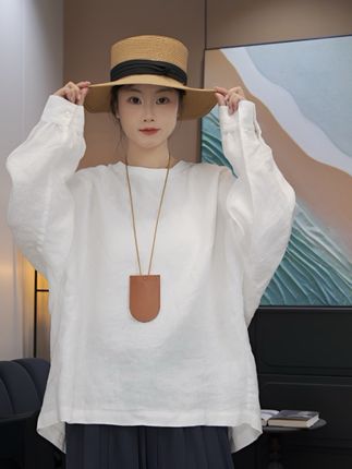 亚麻女装纯色百搭宽松型常规落肩袖慵懒风长袖圆领T恤简约韩版#上衣#时尚#新款#穿出高级感 #百搭