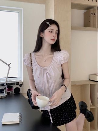 泡泡袖衬衫女短袖上衣2025夏季新款浅紫色衬衣小个子修身显瘦上衣#夏季穿搭 #ootd穿搭 #显瘦上衣 #新款分享 #甜妹穿搭