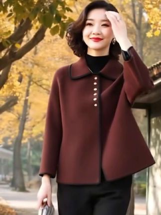 俞兆林年轻妈妈春秋装短款毛呢外套洋气中老年女装双面呢高贵上衣#优雅气质 #外套穿搭 #高贵优雅 #时尚妈妈装 #毛呢外套
