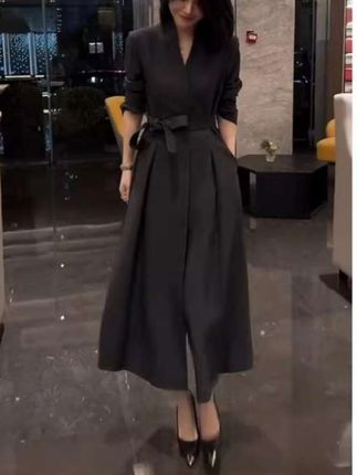 秋季气场强大女神范法式气质长裙收腰显瘦大码胖mm黑色西装连衣裙#好物推荐🔥