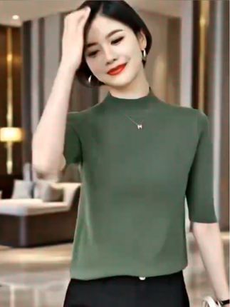 2025年半高领修身时尚针织上衣女秋季新款中袖简约百搭内搭打底衫#品质女装 #打底衫
