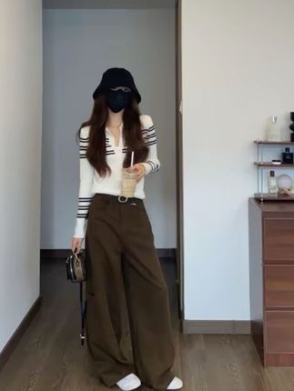 新秋美式复古咖啡色阔腿牛仔裤女设计感宽松多口袋工装裤拖地长裤#气质穿搭#休闲穿搭#显瘦穿搭#通勤百搭#减龄穿搭