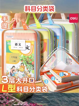 得力L型科目分类袋大开口小学生手提网纱学科袋拉链式透明文件袋拎书袋试卷收纳袋一年级专用袋子作业补习袋#科目袋 #文件袋