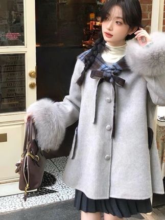 秋冬韩系格子双面呢大衣毛毛袖口海军领毛呢外套女#今日穿搭 #每日推荐 #森女系套装 #风衣穿搭 #外套穿搭