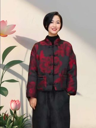 #中式提花棉服 【红熹潮078红色】秋冬中国风中式时尚加厚提花短款保暖短款棉服
