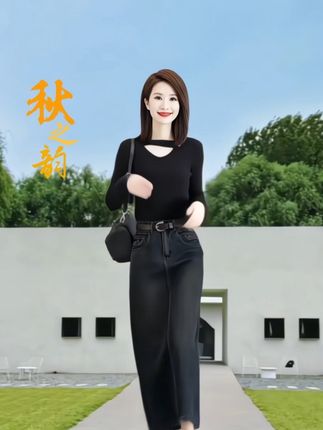 时尚复古开叉牛仔半身裙春秋新款中长款显瘦弹力包臀一步裙子。#时尚穿搭 #休闲减龄穿搭 #显高显瘦显腿长 #洋气减龄