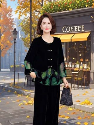 中年女装妈妈春秋丝绒新中式套装 2025新款气质阔腿裤两件套丝绒衫#秋季丝绒套装#秋季妈妈装#初秋一周穿搭不重样#