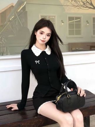 法式纯欲辣妹针织长袖上衣套装女设计感小众拼接上衣半身短裙春秋#韩系穿搭 #纯欲风天花板 #针织长袖上衣#设计感小众上衣#高级感穿搭