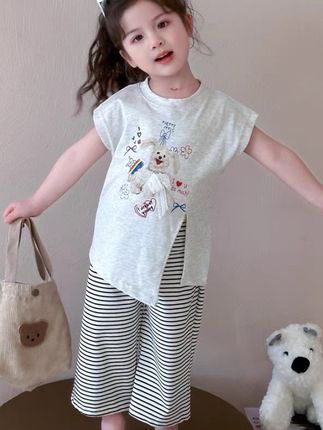 2025夏季新款韩系女童洋气套装穿搭女宝宝短袖T恤条纹休闲阔腿裤#夏日必备 #夏季穿搭 #高品质童装 #母婴好物 #夏季必备
