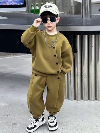 2025春秋新款男童套装纽扣套头卫衣中小童两件套男宝宝春秋装#萌娃穿搭#儿童卫衣套装#在抖音入手的好东西
