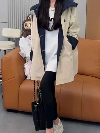 秋季中长款风衣外套小个子微胖连帽宽松休闲百搭撞色显瘦风衣