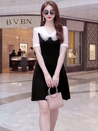 夏季小个子短袖连衣裙假两件娃娃领拼接遮肚显瘦A字裙#时尚气质穿搭 #洋气减龄 #减龄显瘦穿搭 #时尚连衣裙 #优雅气质