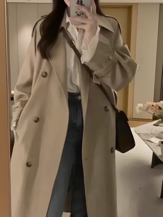 风衣女中长款2025秋季新款韩系气质收腰卡其色小个子春秋大衣外套#气质优雅 ##简约穿搭 #韩系 #百搭 #外套