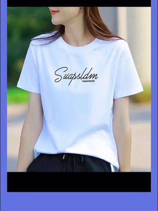 #百搭t恤 【95%棉2025新款短袖女印花休闲风白色T恤运动t恤显瘦打底圆领宽:/ 松】#休闲百搭