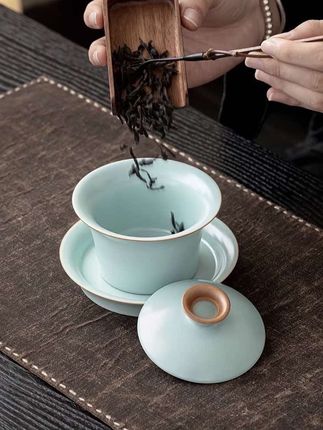 汝窑三才盖碗复古陶瓷中式茶 道青瓷天青色带盖冰裂纹茶盖碗#盖碗 #盖泡茶#茶生活