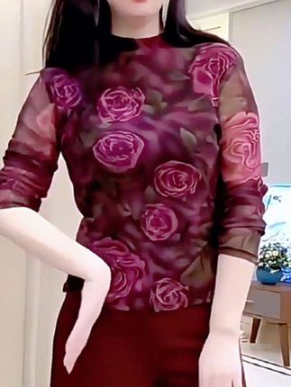气质时尚印花长袖法式女装T恤U轻熟风打底衫显瘦气质宽松内搭上衣#时尚气质穿搭 #面料柔软舒适