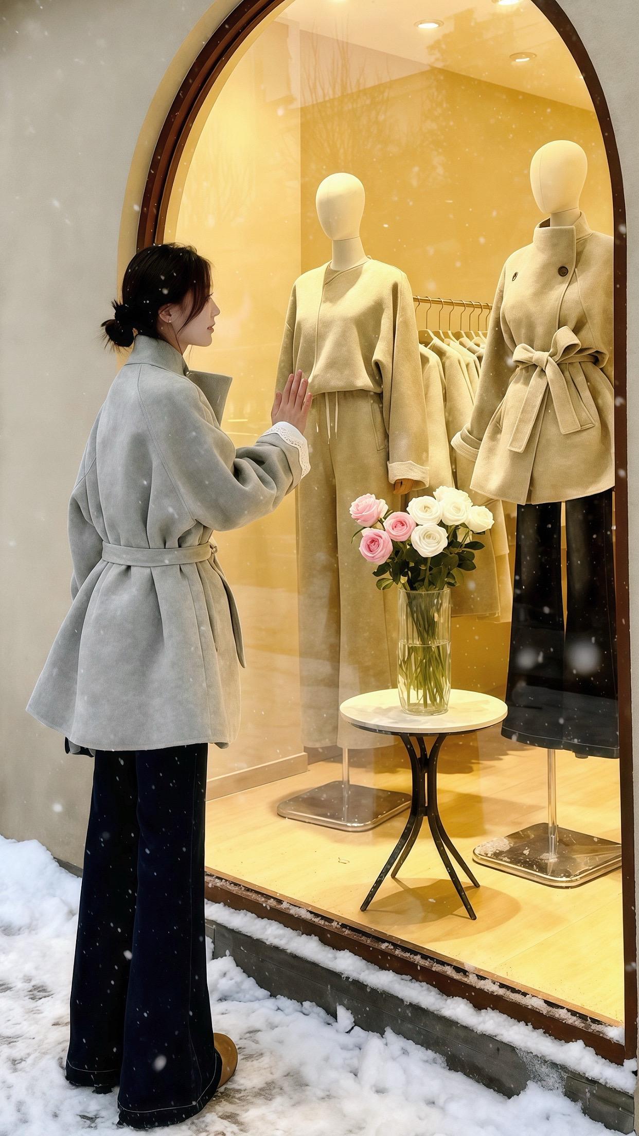#美美大衣才是冬天主场 北风呼呼地刮过街角的邮筒,苏悦站在街边,目光痴痴地望向花店橱窗里那束红玫瑰——和她心中期待的一模一样。橱窗内,几支冬青在暖黄的灯光下闪着油亮的光,一只橘猫卧在花架下,身上盖着一层薄霜般的绒毛。她记起前几天来这家花店挑花时,店主大叔笑着说:“这花配你这笑起来甜美的姑娘,再好不过。”  此刻雪后的北方街道格外寂静,偶尔有行人裹紧棉衣匆匆走过,脚下积雪发出“咯吱咯吱”的脆响。苏悦把冻得发红的手伸进大衣口袋,触到里面暖手宝的温热。或许该推开门,问问大叔能不能用冬青给橘猫编个小花环。毕竟这北方冬日的温情,总该有人一同珍藏。#解锁微胖梨形的本命穿搭#秋冬穿搭实用主义#极简轻奢秋冬穿搭#秋冬穿搭想显帅配色就得出彩