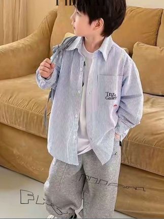 男女童纯棉衬衫韩版长袖春秋中小童宽松条纹衬衫日常穿搭长袖百搭#男女童衬衫 #童装