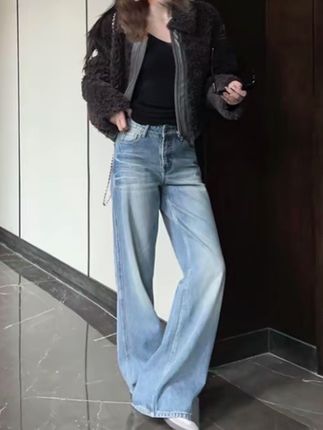 超长阔腿牛仔裤女秋季175高个子水洗做旧复古蓝猫须纹#牛仔裤 #牛仔裤搭配 #时尚穿搭