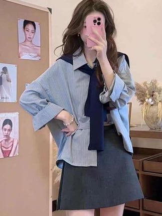 韩系长袖衬衫两件套女2025新款宽松显瘦减龄百搭上衣#百搭上衣#韩系长袖衬衫#衬衫#时尚穿搭
