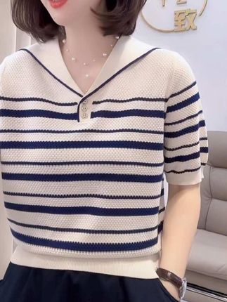 夏款清啦!冰丝针织短袖#谁穿谁好看 #减龄气质 #洋气小衫 #条纹控 #遮肉显瘦穿搭