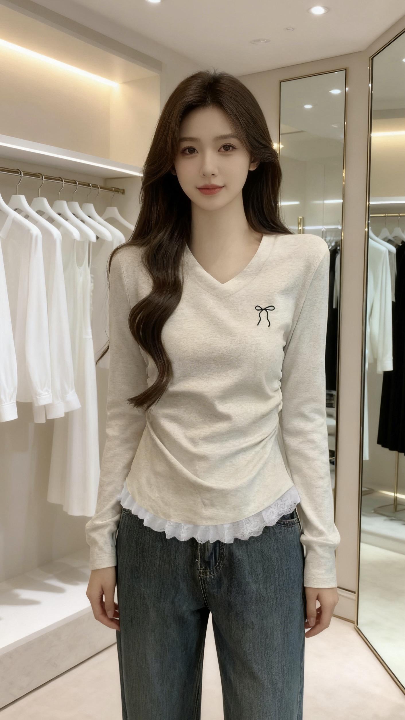 长袖蕾丝边V领T恤女辣妹修身显瘦收腰设计感早秋打底衫#时尚打底衫 #韩系穿搭
