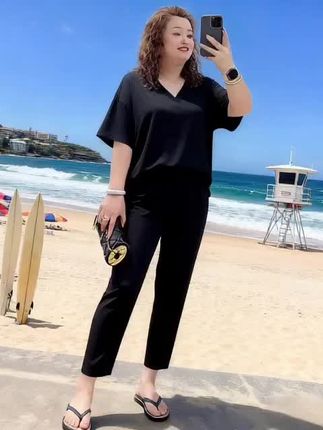 3708(丹姐家)秋款两件套简约V领短袖上衣+裤子遮肉显瘦两件套#山药种植技术分享 #绿植多肉通用肥料 #现代化农业科技 #磷酸二氢铵的作用与用途