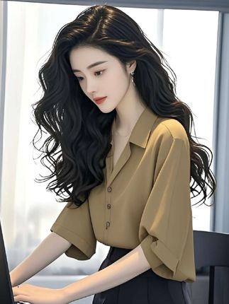 法式气质冷淡系高级感卡其色宽松小上衣中袖显瘦小众衬衫女夏季女 #法式衬衫 #时尚洋气 #简约大气 #潮流穿搭