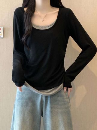 #2025大码 女装新款秋冬纯欲风长袖拼色假两件上衣 3788#新款 #上衣