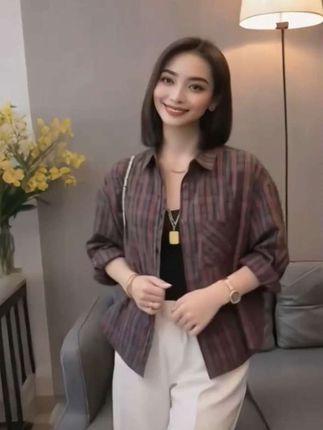 女士秋季格子衬衫宽松时尚休闲百搭#新款 #减龄气质 #气质百搭 #春秋穿搭