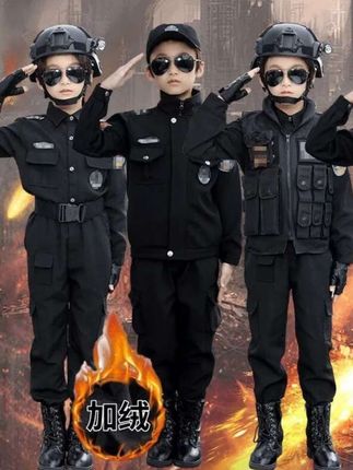 儿童加绒特警服套装男女童秋冬加绒休闲警察服小警官生日礼物服饰#儿童特警服套装 #热门
