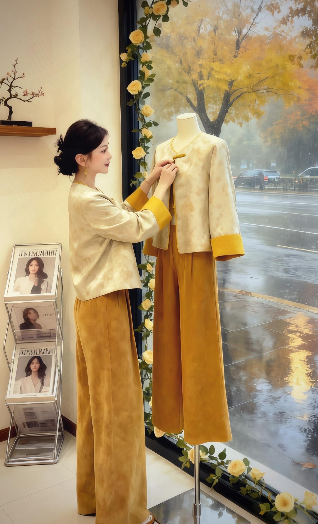 秋雨小店的中式穿搭之美。雨丝敲打着橱窗,窗外银杏染成金黄。她身着米黄提花短衫与姜黄阔腿裤,正仔细调整橱窗里同款中式套装的盘扣。暖黄的店灯、缠绕的黄玫瑰,把衣料上的纹样衬得愈发雅致。 店内杂志架透着时尚气,这一刻,秋意的清冷与中式穿搭的温润交织,她仿佛在与橱窗里的衣装完成一场关于东方美学的无声对话,连街景都成了这帧温柔画面的底色✨#早秋冷冽又随性的气质穿搭 #秋冬穿搭新鲜感在线 #新中式穿搭成为中秋宠儿 #新中式国风#国风@DOU+上热门 @抖加🔥上热门🔥dou+🔥热点宝