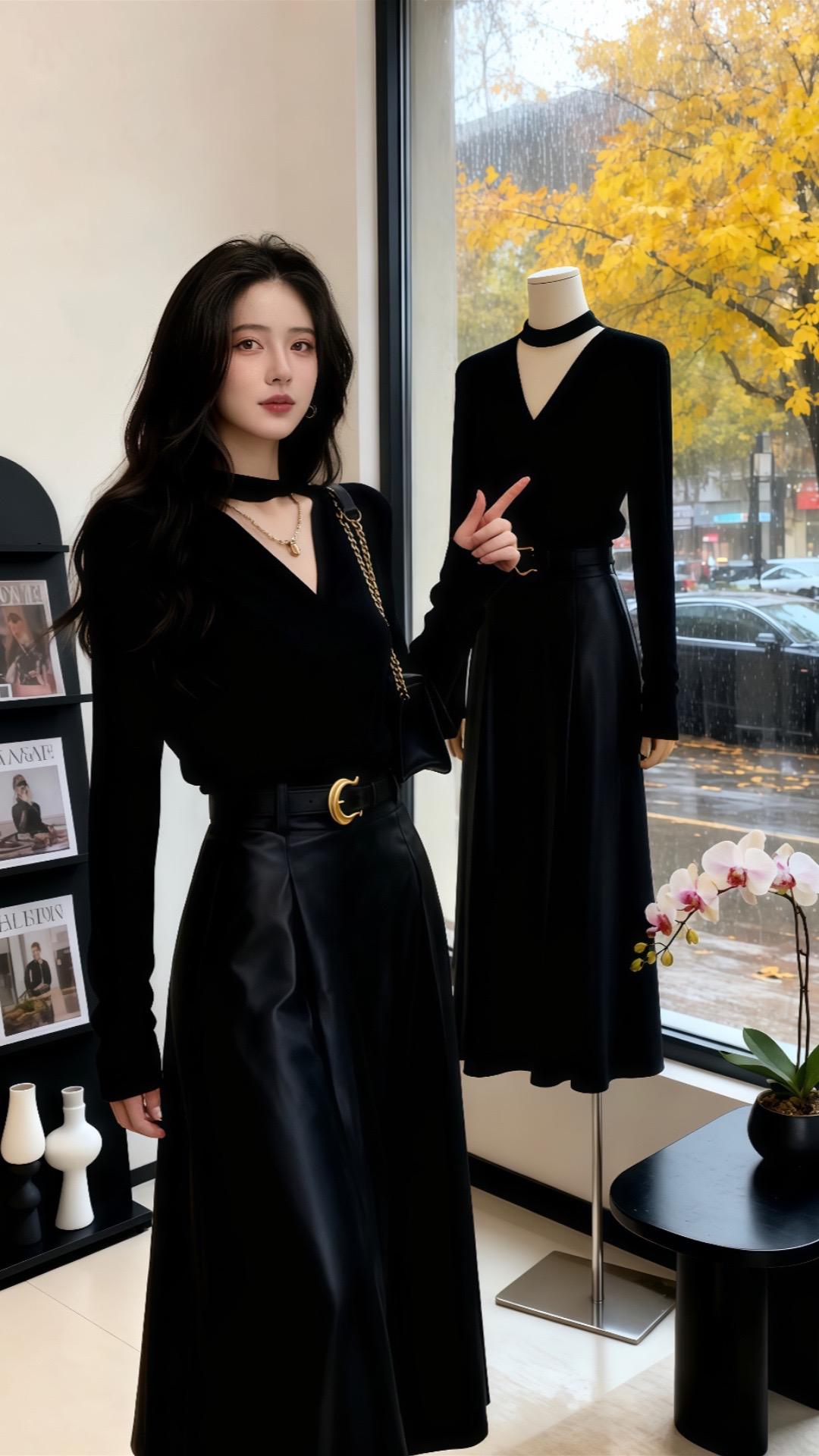 跟着许妍学穿搭。气质穿搭一整套2025御姐风V领收腰显瘦长袖上衣+高腰半身裙两件套#轻松摆脱路人感的韩系穿搭 #许妍的衣橱每套都过分美丽 #如何穿出很有卫衣感的卫衣 #早秋穿搭显贵法则@DOU+小助手 @DOU+上热门 @抖加🔥上热门🔥dou+🔥热点宝