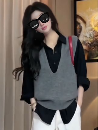 马夹免烫纯色V领背心马甲韩版宽松慵懒风外穿衣服女外搭马甲