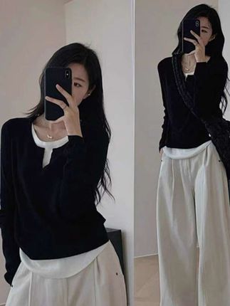 8934#设计不规则黑色假两件v领打底衫女2025秋冬新款长袖百搭上衣 #秋季新款 #百搭穿搭 #假两件打底衫 #休闲减龄穿搭