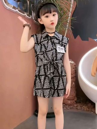 女童夏款复古洋气碎花时尚中大童潮流印花夏季休闲无袖儿童服装#高品质童装 #夏季新款 #萌娃穿搭 #骗你生女儿