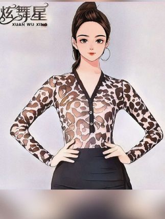 拉丁舞服成人新款性感V领豹纹国标训练服交谊舞摩登舞上衣服装女 #上衣#拉丁舞#摩登舞#交谊舞#广场舞