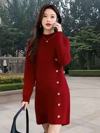 恒源祥集团半高领针织羊毛裙女秋冬洋气减龄中长款遮屁股毛衣裙#恒源祥针织羊毛裙#洋气减龄#时尚穿搭#谁穿谁好看