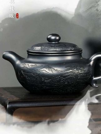 宜兴紫砂壶原矿石黄手工刻绘仿古家用功夫泡茶壶茶具套装350毫升#宜兴手工紫砂壶#紫砂壶#茶壶#功夫茶具
