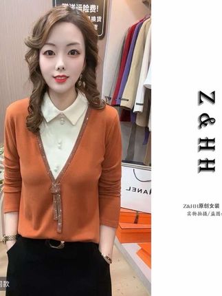 #打底衫 #内搭外穿都好看 #洋气减龄 重工烫钻双面奥绒撞色假两件长袖衬衫女秋季2025新款洋气减龄小衫#面料柔软舒适 #穿搭