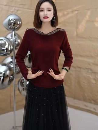 2025早秋新款重工奥钻长袖T恤女气质显瘦打底上衣 7005