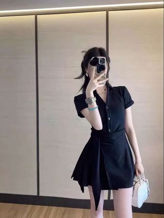 夏韩版运动风polo翻领绑带收腰开叉上衣+纯色短裤两件套#韩版 #运动风 #收腰 #两件套 #绑带