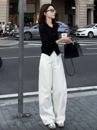 @侠侠好物 甜酷辣妹穿搭套装,时尚气质黑色长袖翻领长袖上衣白色垂感阔腿裤#时尚气质套装 #时尚休闲套装 #洋气减龄套装 #时尚套装两件套 #穿出你的时尚你的感觉