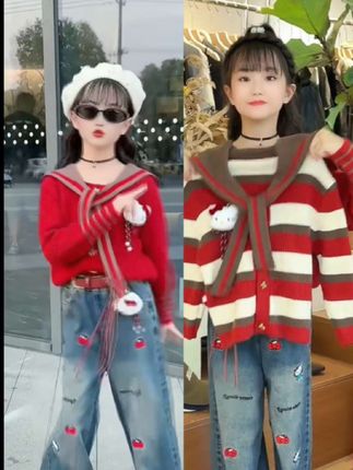 女童穿搭网红款海军领上衣牛仔裤套装儿童洋气时髦#生女儿就要这样穿 #童装搭配每日更新 #漂亮衣服 #萌宝穿搭 #谁穿谁好看系列