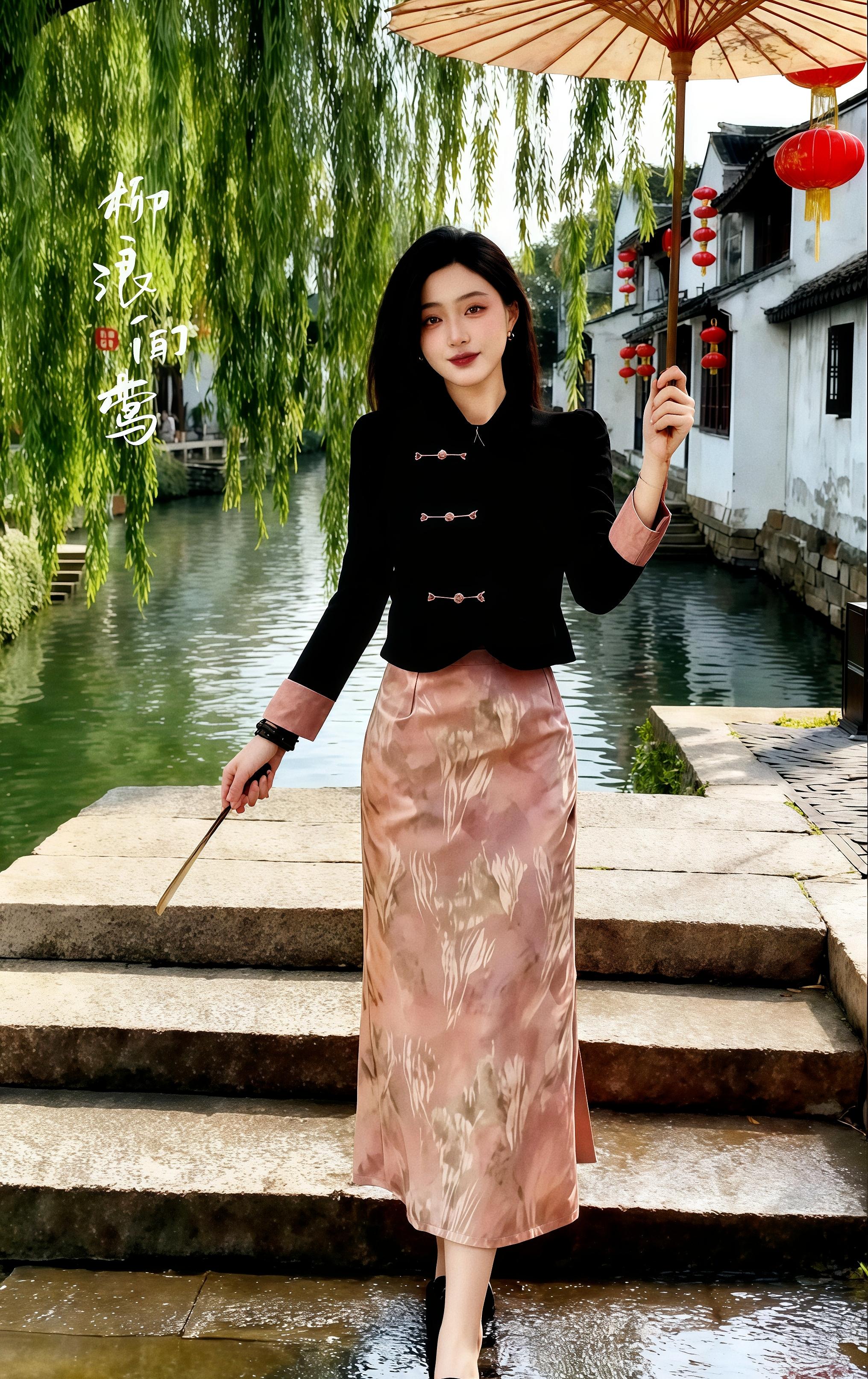 柳浪间莺,江南衣袂藏风华 江南的柳,总在临水处织就如烟的帘。她撑一把油纸伞,立在青石板阶上,衣角拂过微湿的石面,惊起几尾游鱼的碎影。 黑绒短袄上的盘扣,是时光凝结的朱砂痣,袖口那抹淡粉,恰似三月桃夭晕染了江南的晨昏。曳地的缎面裙裾,晕着水墨似的纹路,行走间,恍若把秦淮河的波、拙政园的竹都绣进了衣褶。手中折扇轻摇,扇落处,柳丝垂得更软,红灯笼在白墙黛瓦间晃出一片暖红。 她是江南的诗行,在柳浪莺啼里,把传统的骨与现代的韵,裁成了一身风华。这水乡的风,便循着衣香,把一段关于传承与美的故事,吹向了远方。 #柳浪间莺江南韵 #新中式穿搭江南情 #传统与现代的衣袂风华