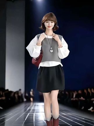 秋季时尚一整套女装2025新款灯笼袖衬衫针织马甲高腰半身裙三件套#时尚穿搭 #半身裙 #小个子女生 #三件套