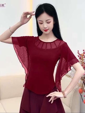 #舞蹈上衣 #现代舞上衣 #网纱上衣 #网纱上衣女 #圆领上衣女 现代舞上衣女新款圆领网纱拼接古典舞日常练功服时尚飘飘袖舞服装