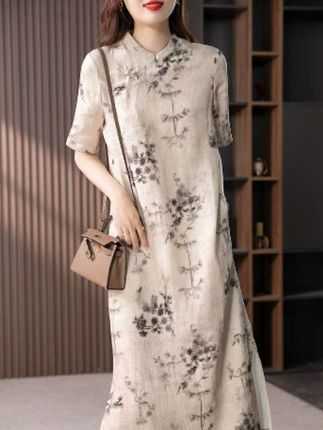 #谁穿谁好看 #穿搭 #美出高级感 原形减龄气质中式优雅亚麻连衣裙2025夏印花宽松显瘦旗袍裙U89180#仙女必备 #显瘦穿搭