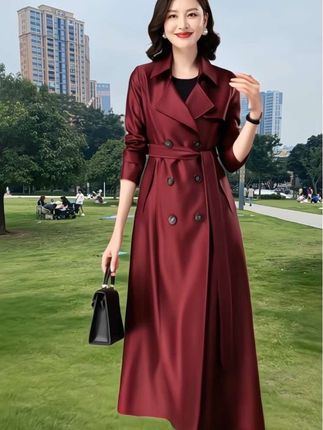酒红色风衣女长款,2023春秋季新款,超长显瘦垂感外套,过膝脚踝大衣女#新歀风衣长款#时尚风衣外套#气质风衣外套 #高级感穿搭 #洋气减龄